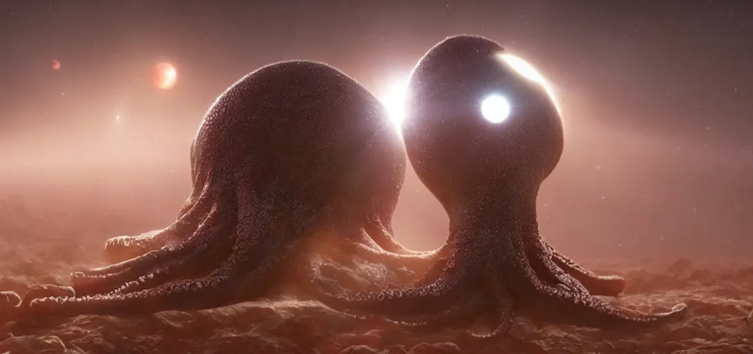 Image similar to an octopus consuming a solar system, foggy, cinematic shot, photo still from movie by denis villeneuve, wayne barlowe