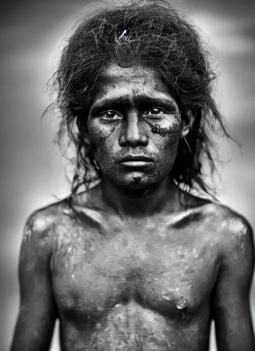 Image similar to Award winning Editorial photo of a Native Nauruans with incredible hair and beautiful hyper-detailed eyes wearing traditional garb by Lee Jeffries, 85mm ND 5, perfect lighting, gelatin silver process