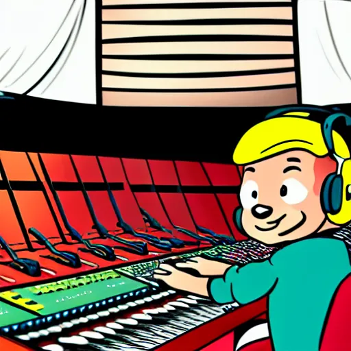 Image similar to cartoon illustration of a kid on a music studio mixing console in the style of The Beano