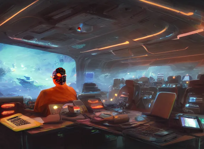 Image similar to a man sitting on a chair with things attached to his head, screens and monitors in front of him playing videos, ship interior, scifi, dramatic lighting, concept art, surreal