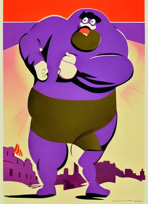 Prompt: grimace ( obese purple guy ) on a soviet russian propaganda poster, illustration, airbrush