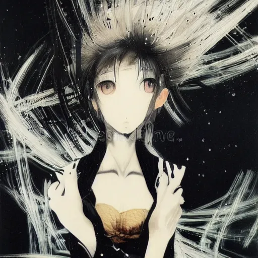 Image similar to Yoshitaka Amano realistic illustration of an anime girl with short white hair and black eyes wearing tuxedo, abstract black and white patterns on the background, noisy film grain effect, highly detailed, Renaissance oil painting