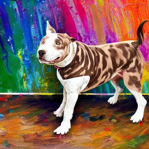 Prompt: pitbull with brindle coat and white paws and white chest on rollerblades. painting. oil painting. fun. energetic. colorful.