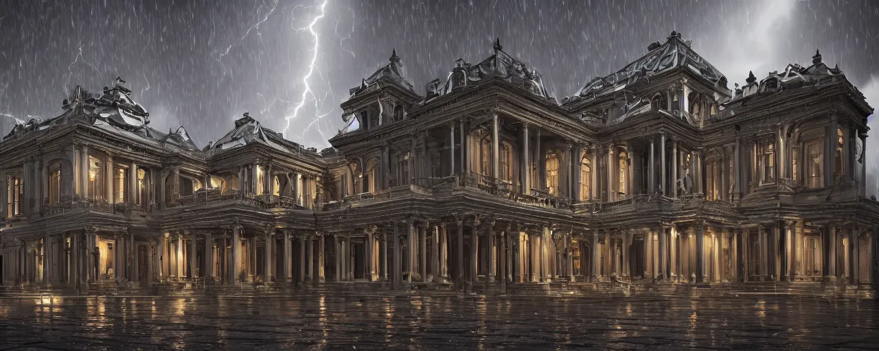 Prompt: victorian architecture, wood, marble, steam, rain, night, dramatic lighting, lightning bolt, trending on Artstation, 8k, highly realistic, hyper detailed, unreal engine 5, IMAX quality, realistic, cinematic, epic lighting, realistic, in the style of Zaha Hadid