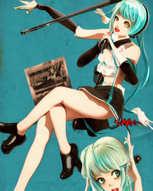 Image similar to Hatsune Miku full body pin up modeling in idol unioform, with a park in the back ground, post war style, detailed face, american postcard art style, by Gil Elvgren