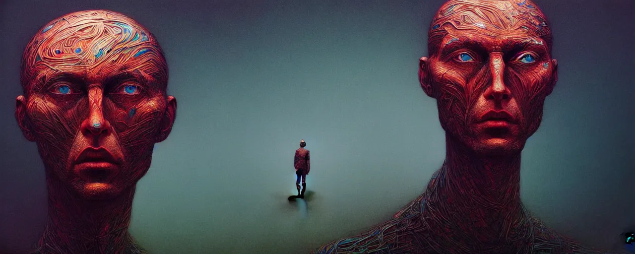 Image similar to portrait of a man in the style of android jones and zdzislaw beksinski