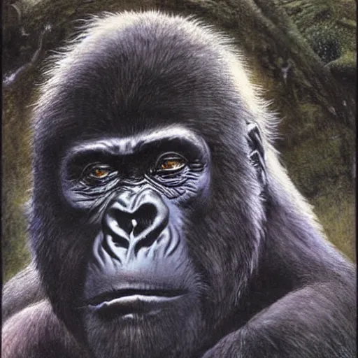 Image similar to gorilla vampires of middle earth, alan lee