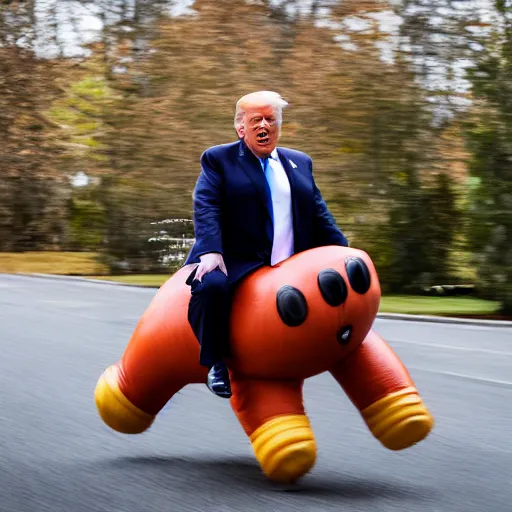 Prompt: Donald Trump being chased by a sentient humanoid sausage, Canon EOS R3, f/1.4, ISO 200, 1/160s, 8K, RAW, unedited, symmetrical balance, in-frame