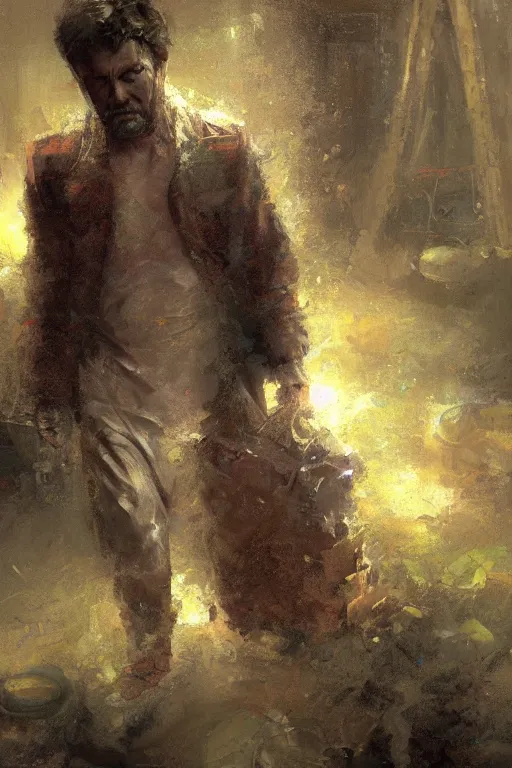 Prompt: digital portrait of disheveled dirty man emerging from his mom's basement art fantasy by craig mullins, thomas kinkade