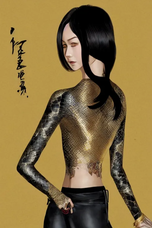 Image similar to yakuza slim girl, gold suit jacket in snake print, jacket over bare torso, yakuza tattoo on body, black short curtain haircut, black leather pants with black belt, portrait, elegant, 2d, ultra highly detailed, digital painting, smooth, sharp focus, artstation, art by Ilya Kuvshinov, rossdraws