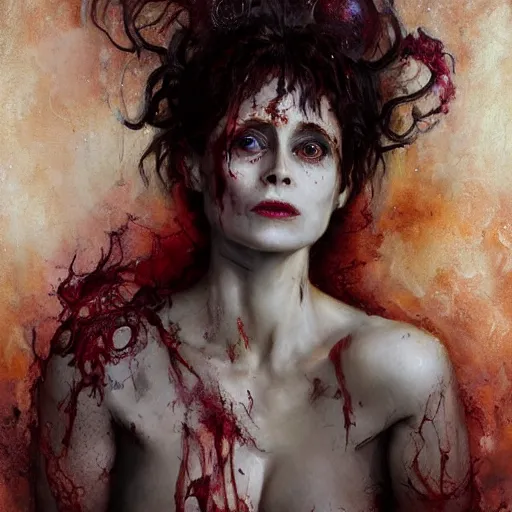 Image similar to expressive oil painting, alien dark fae girlboss based on helena bonham carter mixed with sigourney weaver, bumpy mottled skin full of blood and scars, ornate headpiece, body horror, by yoshitaka amano, by greg rutkowski, by jeremyg lipkinng, by artgerm, digital art, octane render