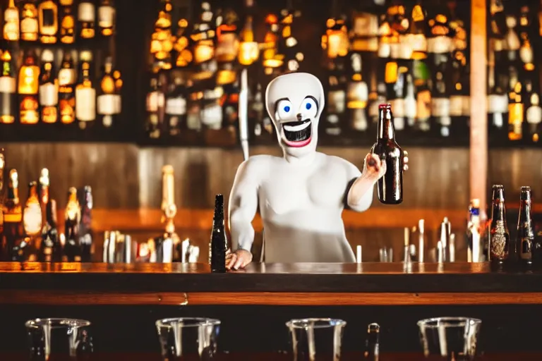 Prompt: a anthropomorphic bottle of beer stands in front of a bar yelling at the bar tender