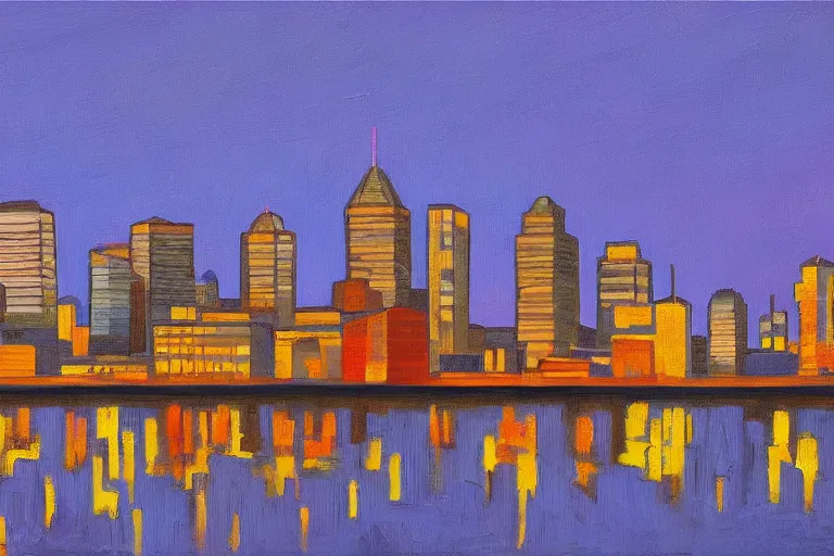 Prompt: winnipeg skyline, sunset, painting by tom thompson, group of seven, 4 k