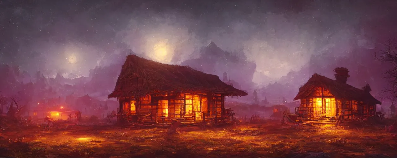 Prompt: ” otherwordly landscape with a single wooden shack at night, [ cinematic, detailed, epic, widescreen, opening, establishing, mattepainting, photorealistic, realistic textures, octane render, art by wlop and paul lehr ] ”