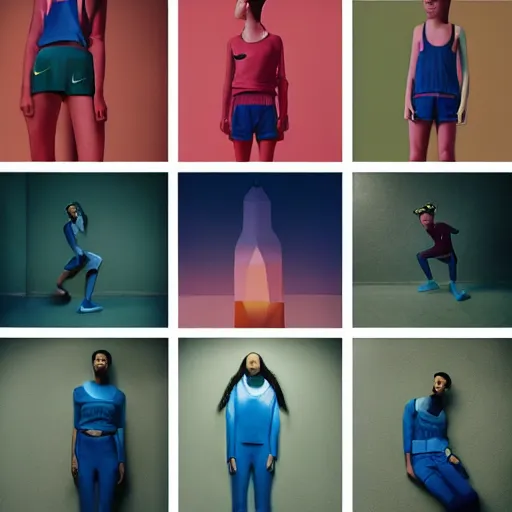 Image similar to nike lookbook campaign in the style of tyler mitchel, blue rays, redshift, wide shot, coloured polaroid photograph, pastel, kodak film, hyper real, stunning moody cinematography, by maripol, fallen angels by wong kar - wai, 3 5 mm, style of suspiria and neon demon, david hockney, detailed, film photography