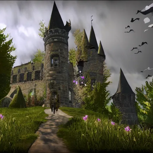 Prompt: beautiful gothic castle landscape in the style of Goat simulator, Gameplay Footage