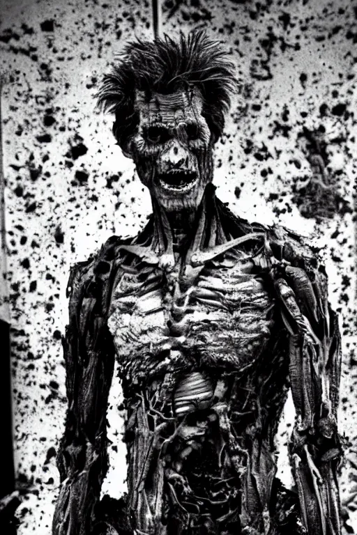 Image similar to grainy recovered photo of animatronic Willem Dafoe by Stan Winston studios trashed destroyed lying broken in a landfill post apocalyptic gloom discarded exposed inner machinery detailed