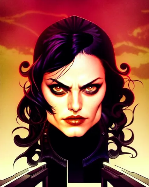 Prompt: rafael albuquerque comic cover art, artgerm, joshua middleton, pretty pirate phoebe tonkin smiling, symmetrical eyes, symmetrical face, long curly black hair, full body, on a pirate ship, warm colors