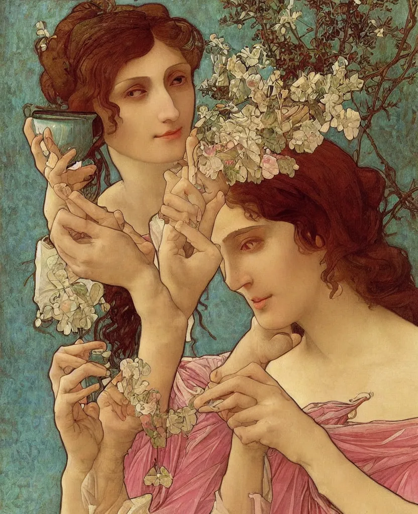 Image similar to a beautiful arrogant surreal greek lady drinking tea looking disdained, rennaisance painting, whimsical, pastel pink color palette, by leonardo da vinci and alphonse mucha