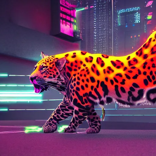 Image similar to a neon cyberpunk jaguar animal, octane render