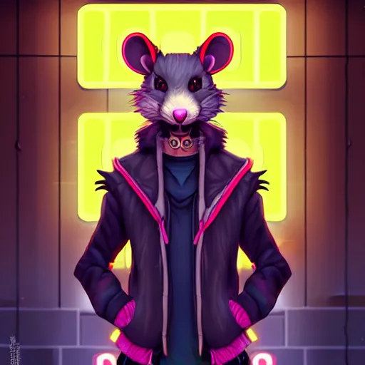 Image similar to beautiful furry digital art portrait commission of an androgynous furry anthro rat fursona wearing punk clothes in the streets of a cyberpunk city. neon signs. character design by charlie bowater, ross tran, artgerm, and makoto shinkai