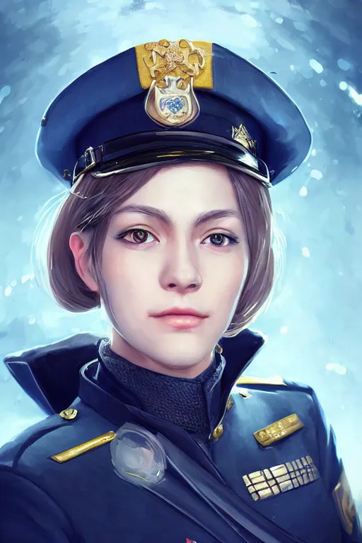 Image similar to beautiful portrait of a female officer wearing a fancy naval uniform, art by wlop and artgerm, science fiction, detailed eyes, spaceship interior, trending on artstation, sharp focus, illustration, caustics, octane render, 4 k, radiant light