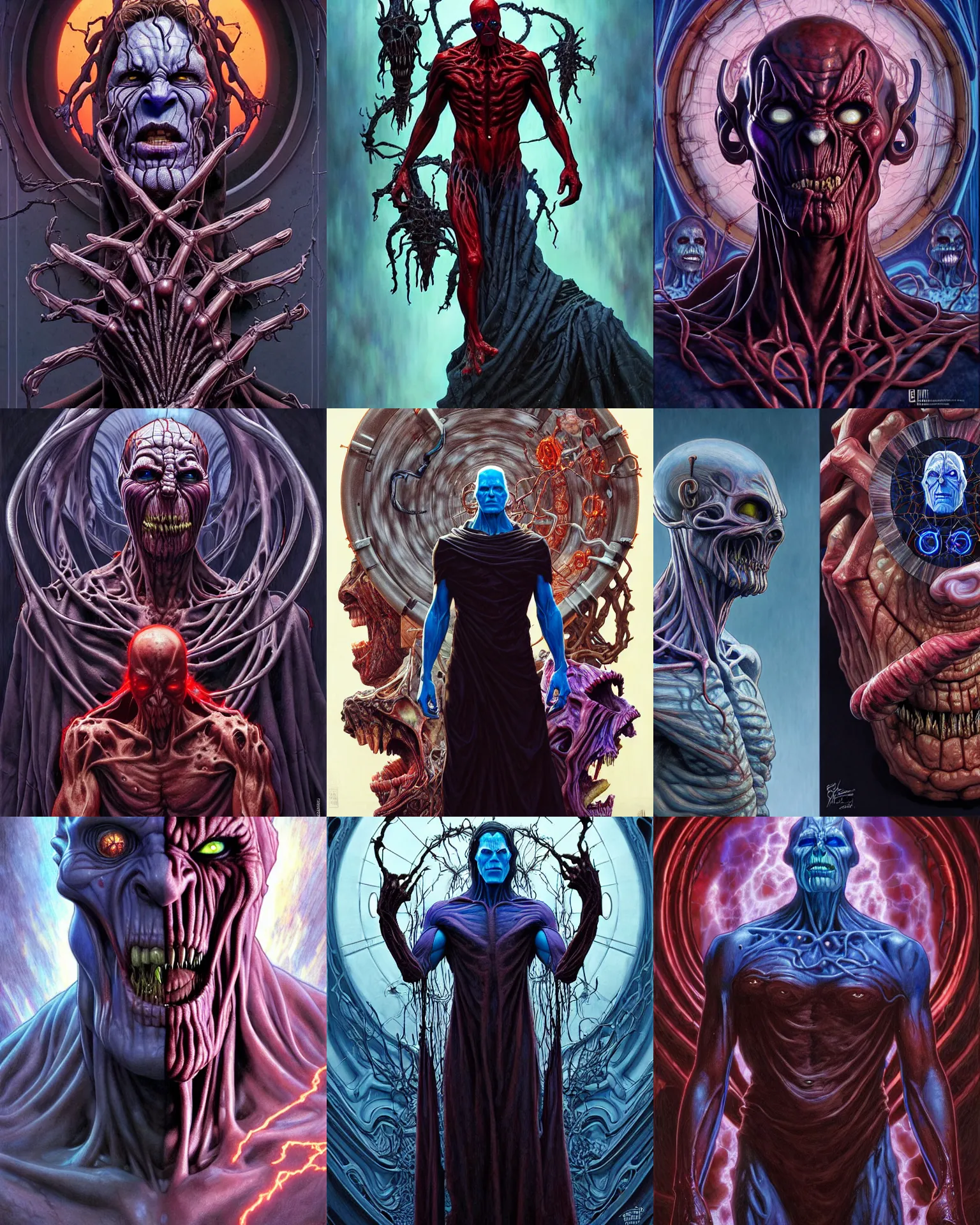 Prompt: the platonic ideal of surrealism of cletus kasady ultimate carnage thanos dementor doctor manhattan chtulu nazgul, detailed, intricate, hyperrealism, intense, scary, decay, dmt, art by brock hofer and artgerm and greg rutkowski and alphonse mucha