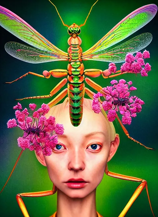 Image similar to hyper detailed 3d render like a Oil painting - kawaii portrait Aurora (gold haired Singer Praying Mantis Dragonfly) seen Eating of the Strangling network of yellowcake aerochrome and milky Fruit and Her compund eyes delicate Hands hold of gossamer polyp blossoms bring iridescent fungal flowers whose spores black the foolish stars by Jacek Yerka, Mariusz Lewandowski, Houdini algorithmic generative render, Abstract brush strokes, Masterpiece, Edward Hopper and James Gilleard, Zdzislaw Beksinski, Mark Ryden, Wolfgang Lettl, hints of Yayoi Kasuma, octane render, 8k