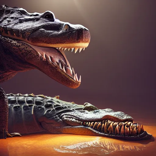 Image similar to florida man rides alligator to work, trending on artstation, dramatic lighting, octane render, weta digital, micro details, 3 d sculpture, structure, ray trace, insane details, intricate, elite, ornate,