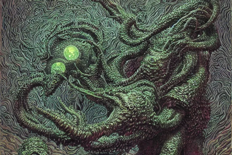 Prompt: lovecraftian eldritch monster made of limes by wayne barlowe. 8 k intricate details hypermaximalist 2 d