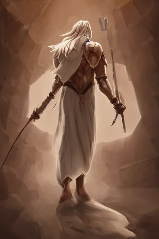 Image similar to thunder man, storm, lightning, spell, staff, white robe, hallway, artstation