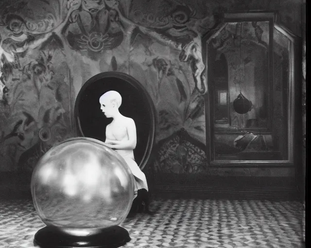 Image similar to a vintage black and white photo of a woman in a fish bowl, a surrealist sculpture by Claude Cahun, conceptual art, movie still, art nouveau, hall of mirrors, surrealist, 1920