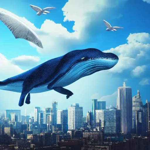 Prompt: Blue Whale flying through sky with a city built on it's back, clouds beneath it