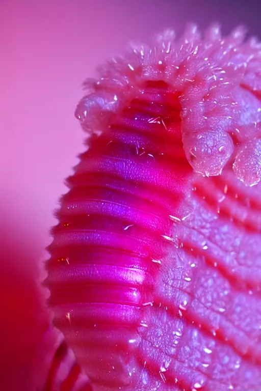 Image similar to high quality macro close-up translucent fluffy caterpillar! gorgeous highly detailed hannah yata elson peter cinematic pink lighting high quality low angle hd 8k sharp shallow depth of field