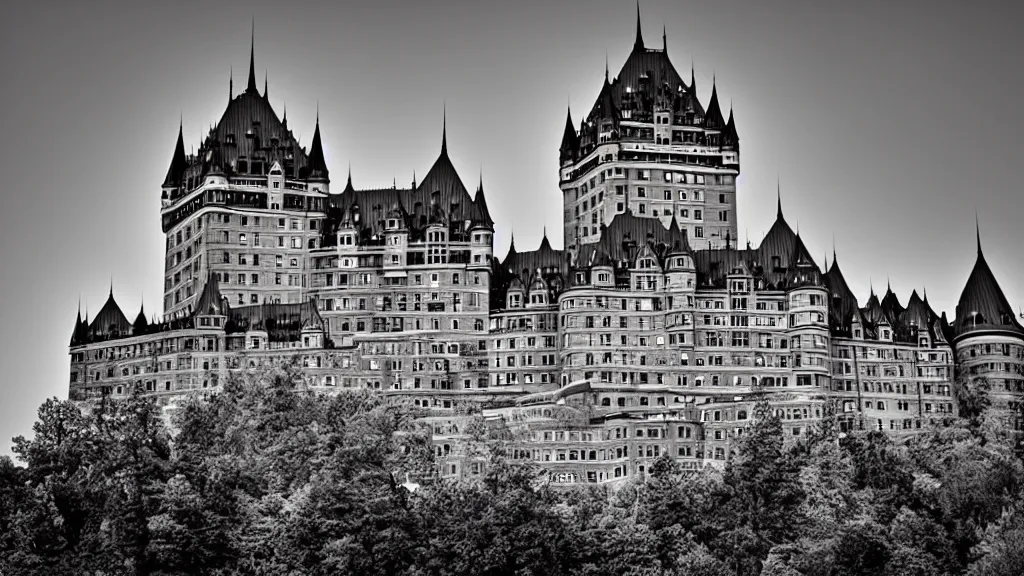 Image similar to Quebec Chateau Frontenac Castle in the style of Scary Stories to tell in the Dark