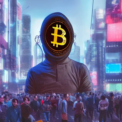 Prompt: people running scared from a giant bitcoin head, cyberpunk art, hyper-realistic, 4k