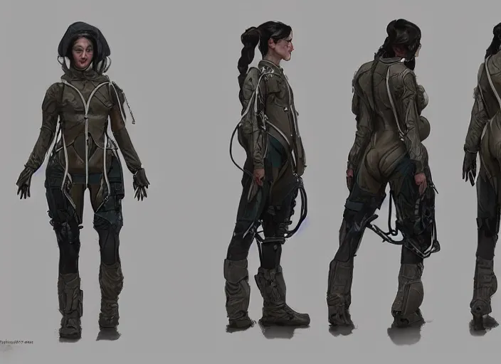 Image similar to front and back character view of a woman in scientist's jacket with a system of straps and pouches for collecting material by Donato Giancola, Trending on artstation, cgsociety and pixiv clean sci-fi concept art and sheet