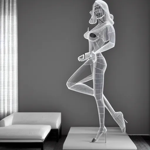 Image similar to a large flaurecent lamp in a shape of woman body placed in a living room, designer pencil 3d sketch, HD resolution