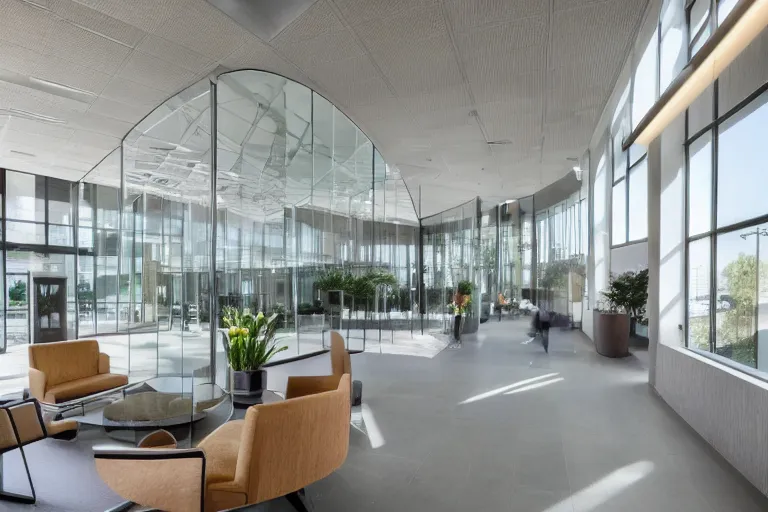 Prompt: a beautiful office building lobby with sleek modern design and large windows