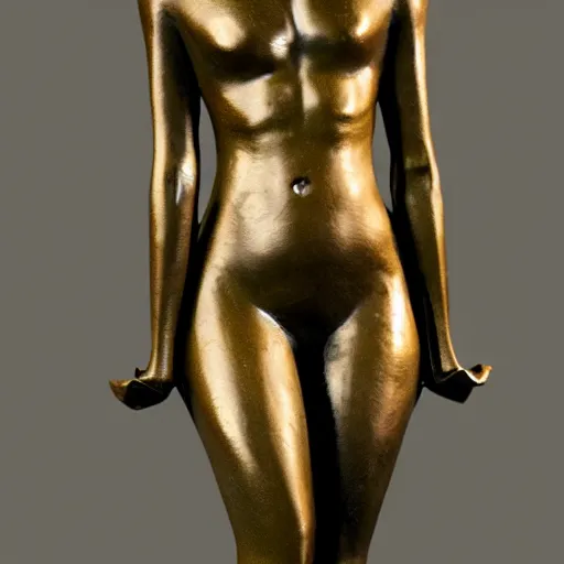 Prompt: a bronze sculpture of a woman standing low poly sharp angles museum lighting