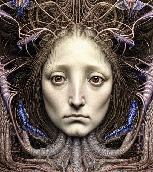 Image similar to detailed realistic beautiful cicada goddess face portrait by jean delville, gustave dore, iris van herpen and marco mazzoni, art forms of nature by ernst haeckel, art nouveau, symbolist, visionary, gothic, neo - gothic, pre - raphaelite, fractal lace, intricate alien botanicals, ai biodiversity, surreality, hyperdetailed ultrasharp octane render