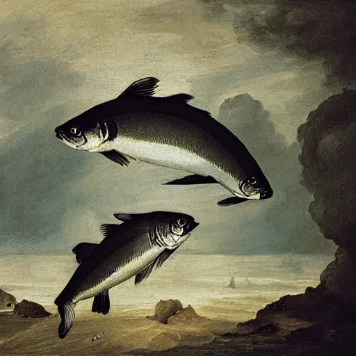 Prompt: two fishes talking to eachother in deep sea, art by pieter claesz