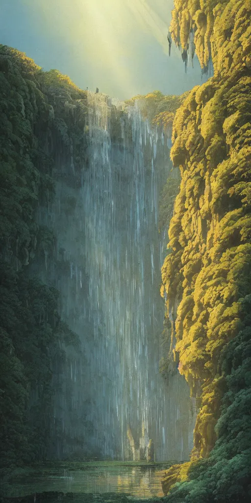 Prompt: ancient monument waterfall, golden light, john howe, ilya kushinov, by makoto shinkai, studio ghibli, gouache matte painting, ultra detailed