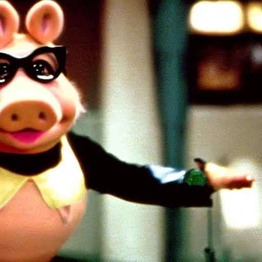 Image similar to movie still of miss piggy starring as trinity in the matrix 1 9 9 9 movie fighting agent smith