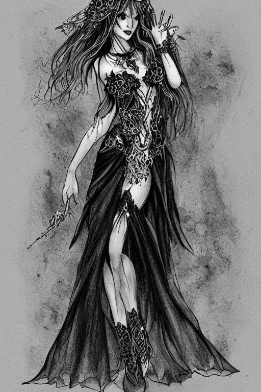 Image similar to pretty gothic sorceress wearing a tight dress with illustrious details, jewelry, ornated clothing, attractive, character concept, black and white drawing with a fine tip pen sketch