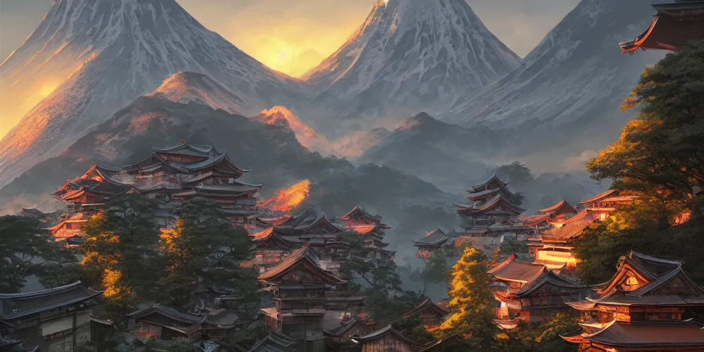 Prompt: a powerful japanese village high in mountains, fanart artstation global illumination rtx hdr fanart arstation 3 d, volcano, evil smog, concept art by greg rutkowski and laurie greasley, fantastic landscape, 8 k, cinematic color grading