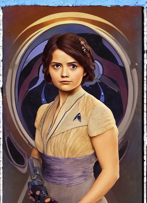 Image similar to jenna coleman as a star trek captain, a still from star trek painted by alphonse mucha. clear highly detailed face, beautiful sci fi art