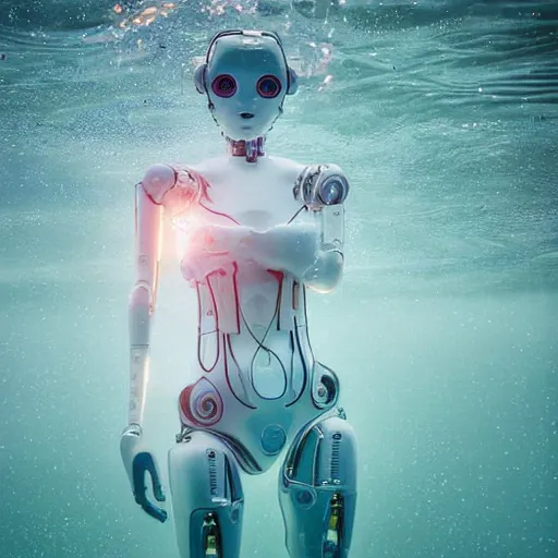 Image similar to beautiful centered fine art photo portrait of hoyeon jung as a solarpunk robotic humanoid treading on water below, white mechanical parts with led lights, ultra - detailed and intricate, white background, sun lighting, soft focus, slow exposure hdr 8 k