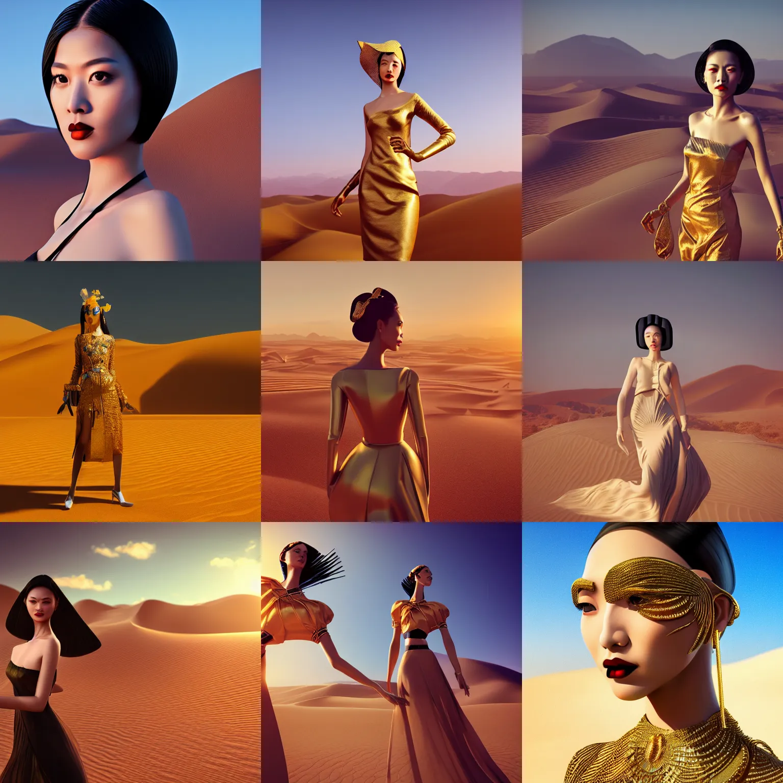 Prompt: innovative avant - garde art, deco fashion, asian women, highly detailed, photorealistic portrait, serene desert setting, golden hour, crisp quality and light reflections, unreal engine 5 quality render