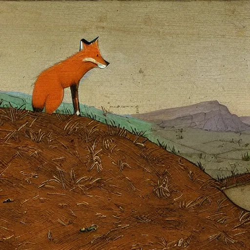 Prompt: one lone fox ontop a wooden fence, painted by da vinci